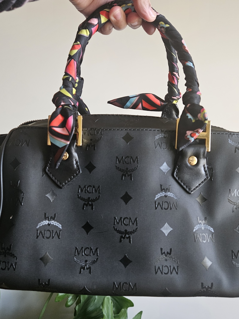 MCM Black Logo-Print Satchel with Multicolor Scarf-Wrapped Handles